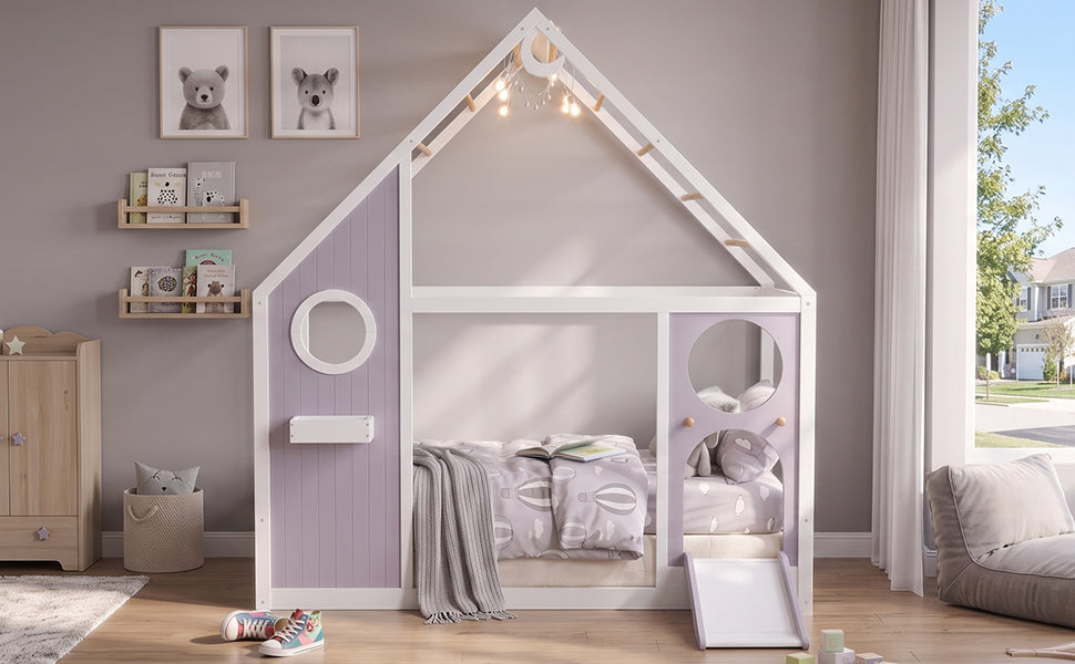 Twin House Bed with Slide and Light Strip by HouseOfZazla, lavender purple finish round window on Tampa Home & Garden Store