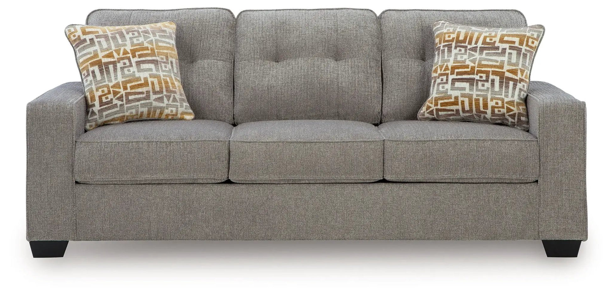 Larimer stationary sofa in gray fabric by Unique Piece Furniture with geometric pillows on Tampa Home & Garden Store