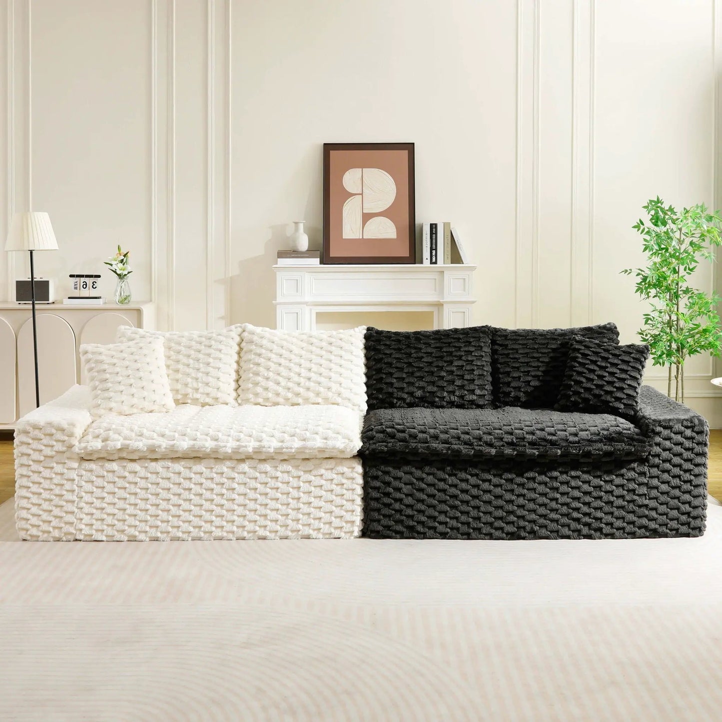 Luxury multifunctional sofa for living room display with white and black knitted throws on Tampa Home & Garden Store