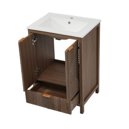 Modern bathroom vanity with white sink atop dark brown cabinet; compact storage on Tampa Home & Garden Store