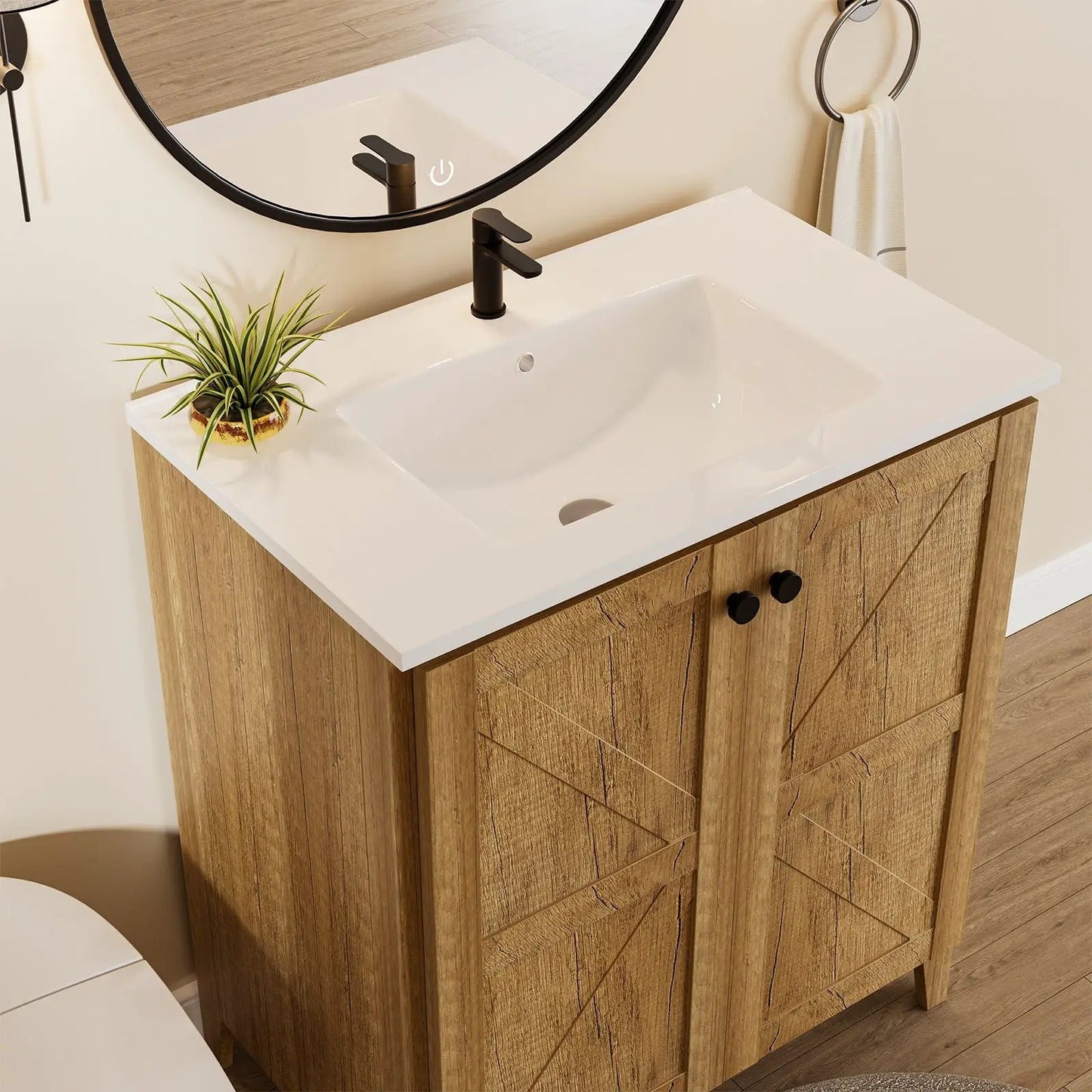 Folding floor cabinet vanity with white ceramic sink, natural wood finish on Tampa Home & Garden Store