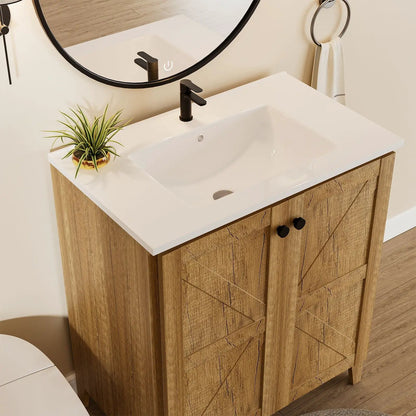 Folding floor cabinet vanity with white ceramic sink, natural wood finish on Tampa Home & Garden Store