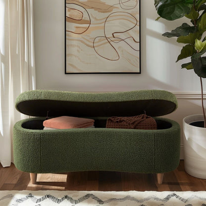 Flip-top storage bench in dark green textured upholstery with wood legs by HouseOfZazla on Tampa Home & Garden Store
