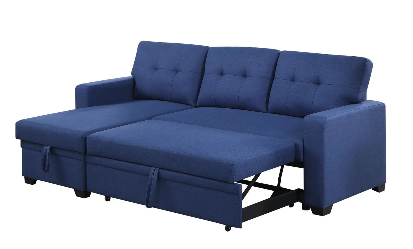 Upholstered blue pull-out sleeper sectional with chaise, tufted back cushions on Tampa Home & Garden Store