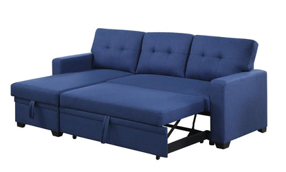 Upholstered blue pull-out sleeper sectional with chaise, tufted back cushions on Tampa Home & Garden Store