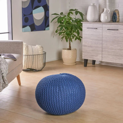 Bordeaux Knitted Cotton Round Pouf ottoman in blue knit by HouseOfZazla on Tampa Home & Garden Store