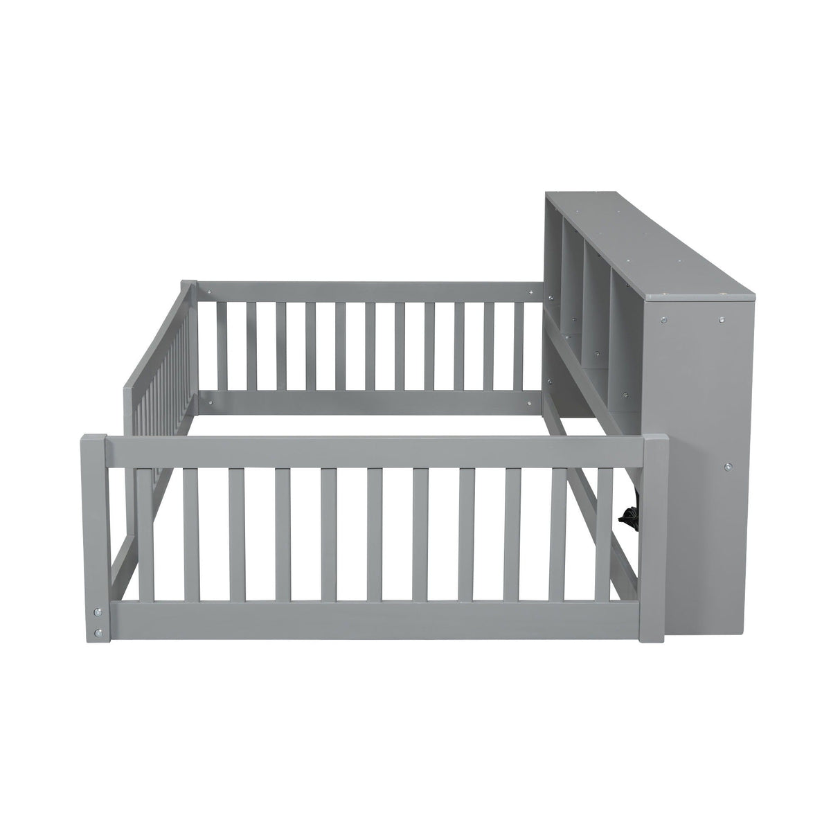 Twin long floor bed with gray metal frame and built-in storage cabinets, slatted sides on Tampa Home & Garden Store