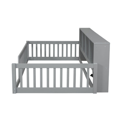 Twin long floor bed with gray metal frame and built-in storage cabinets, slatted sides on Tampa Home & Garden Store