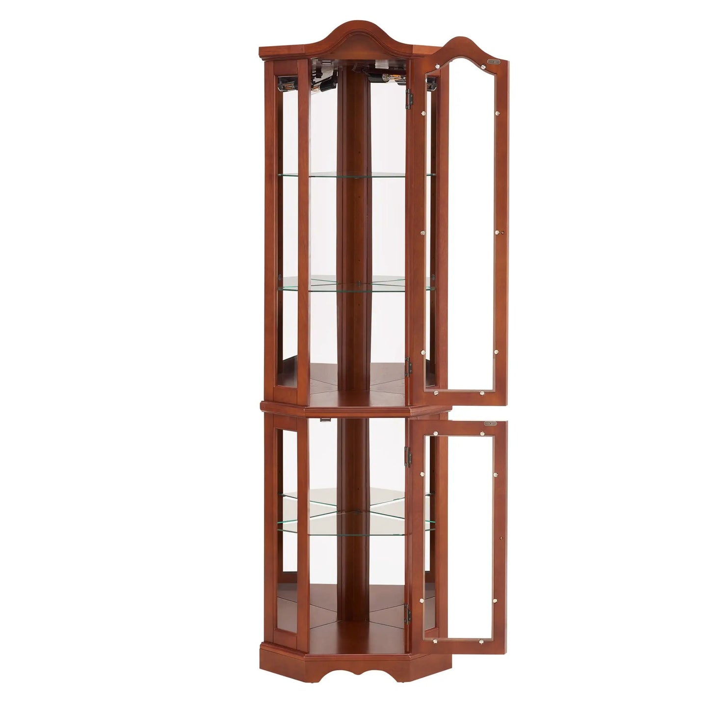 Corner curio cabinet with walnut finish, glass shelves, mirrored back and lights on Tampa Home & Garden Store