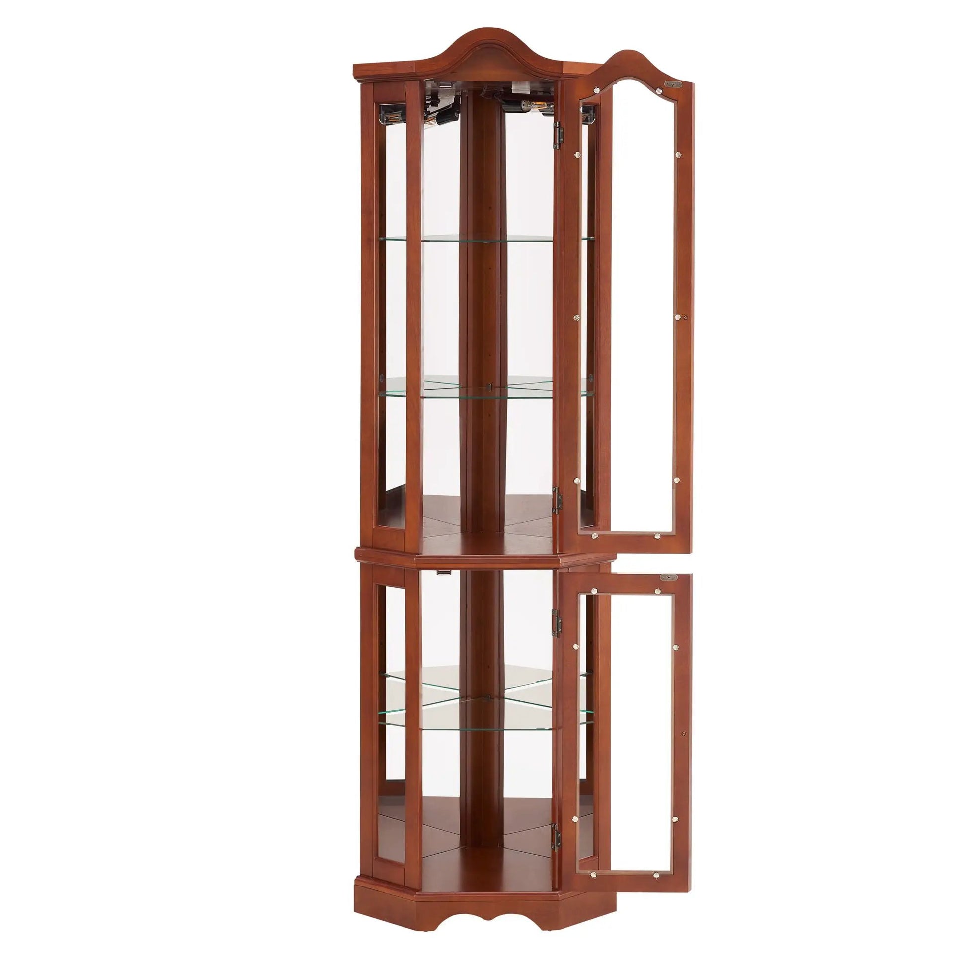 Corner curio cabinet with walnut finish, glass shelves, mirrored back and lights on Tampa Home & Garden Store