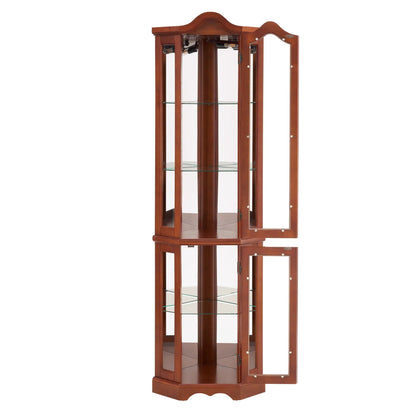 Corner curio cabinet with walnut finish, glass shelves, mirrored back and lights on Tampa Home & Garden Store