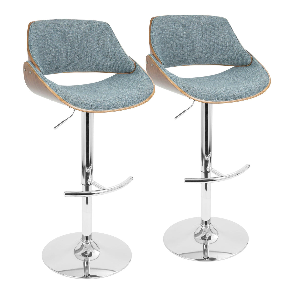 Mid-century modern adjustable swivel barstool pair in blue fabric with chrome bases on Tampa Home & Garden Store