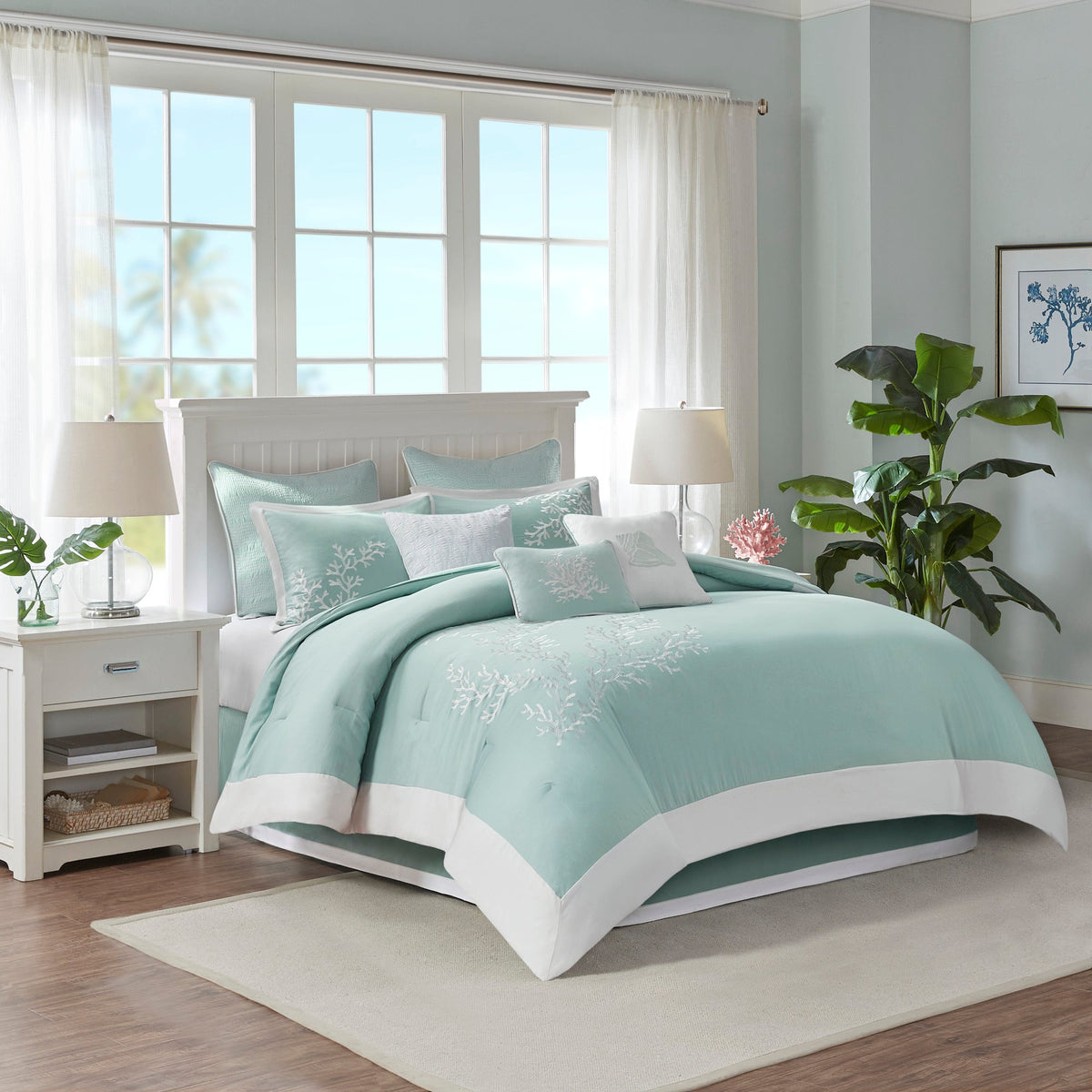 Oversized cotton jacquard aqua king comforter set with white coral embroidery for coastal on Tampa Home & Garden Store