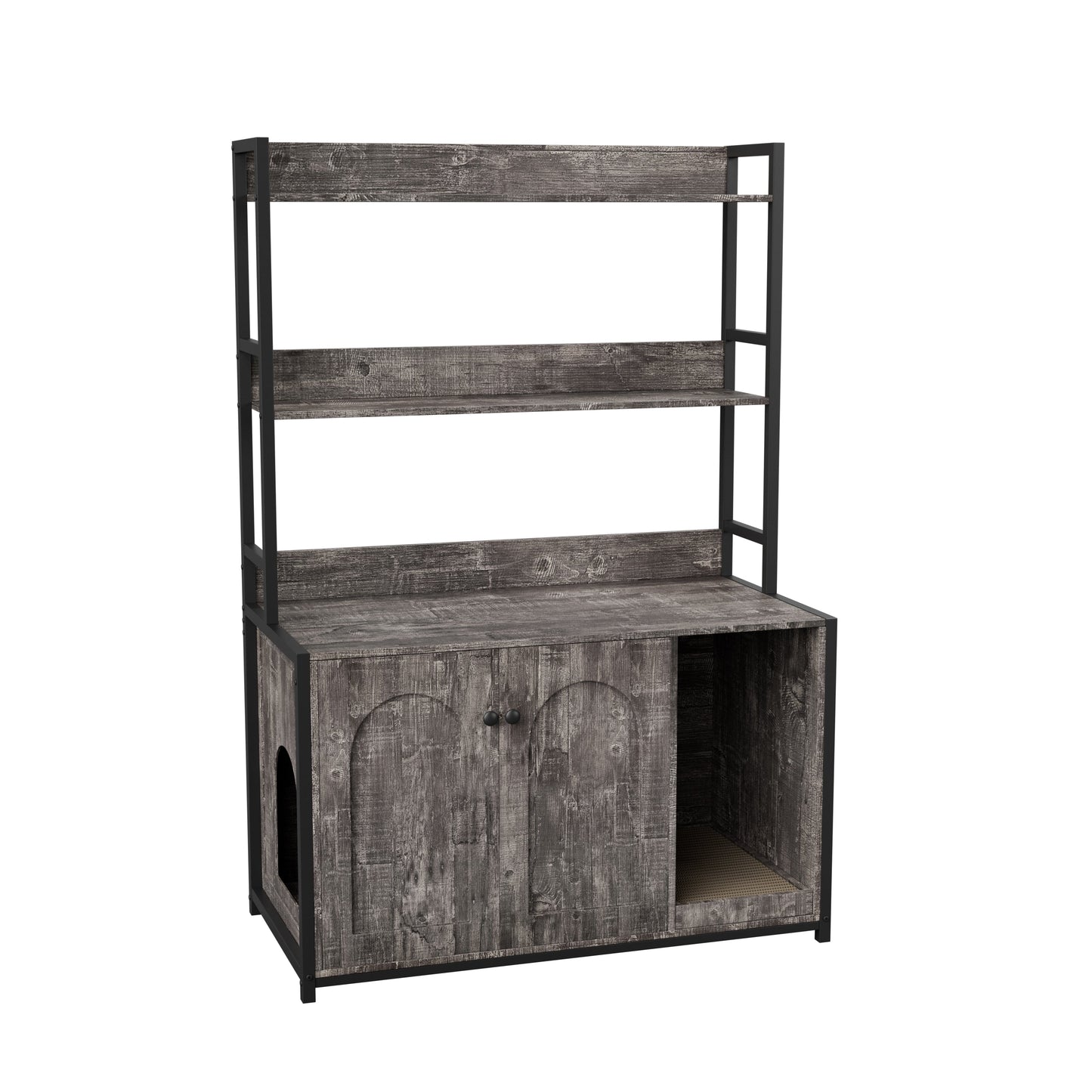 Large cat litter box enclosure cabinet with wood panels and black metal frame, shelf storage on Tampa Home & Garden Store