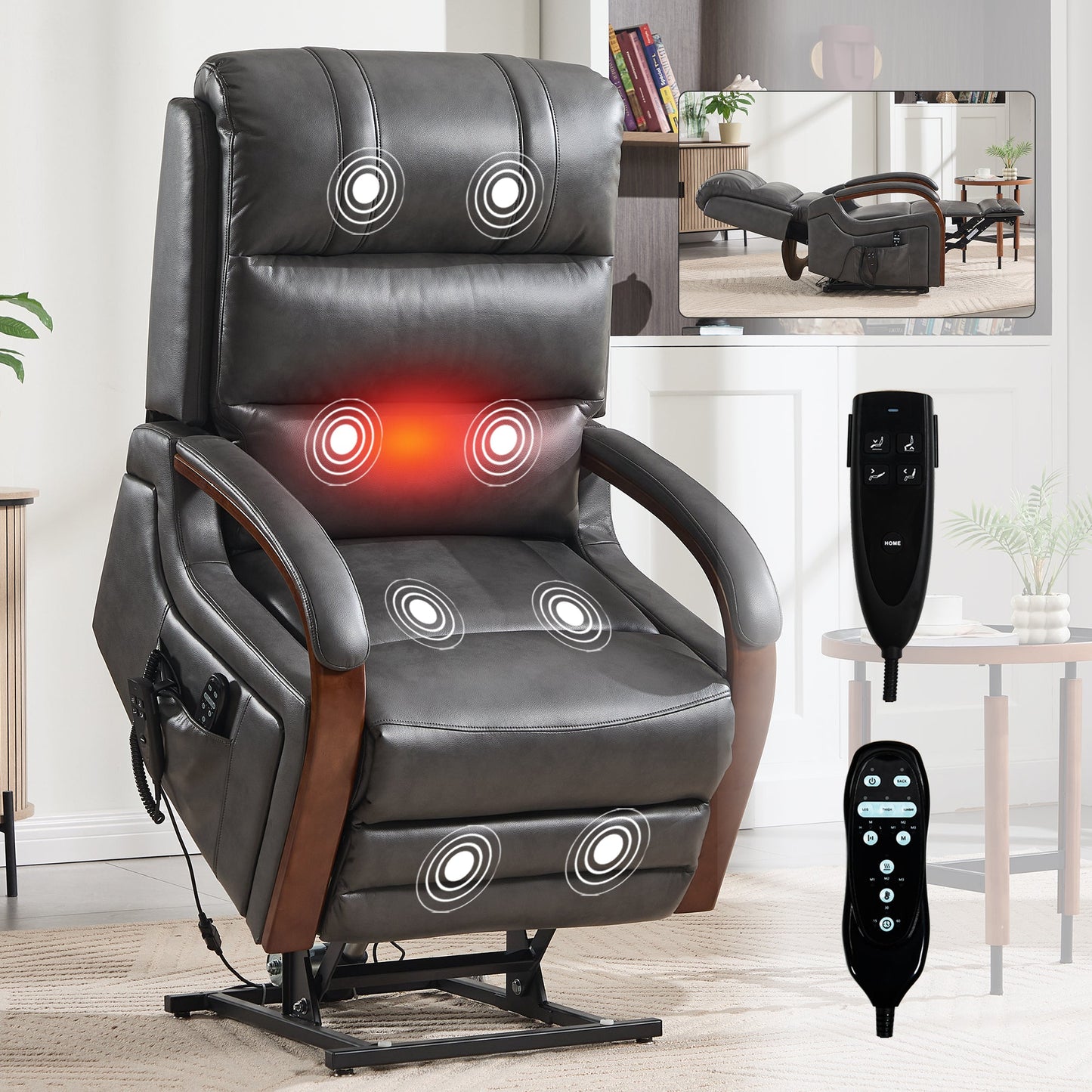 Power Dark Recliner Chair, dark leather recliner with massage nodes and remote control on Tampa Home & Garden Store