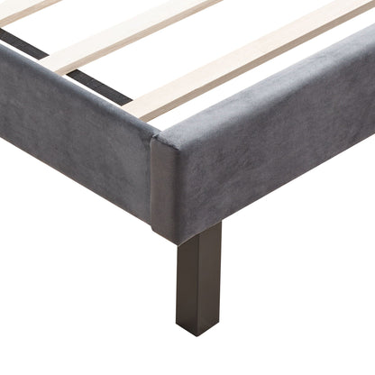Queen platform upholstered bed gray fabric with strong wood slat support on Tampa Home & Garden Store