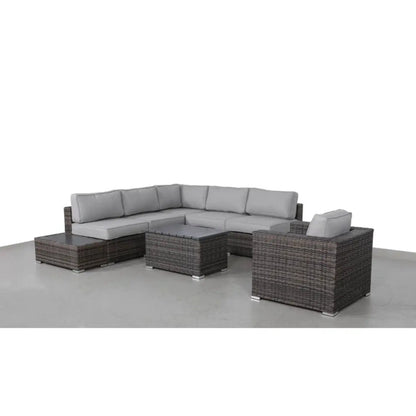 Stylish Entertainment Sectional Set in brown wicker with gray cushions and a coffee table on Tampa Home & Garden Store