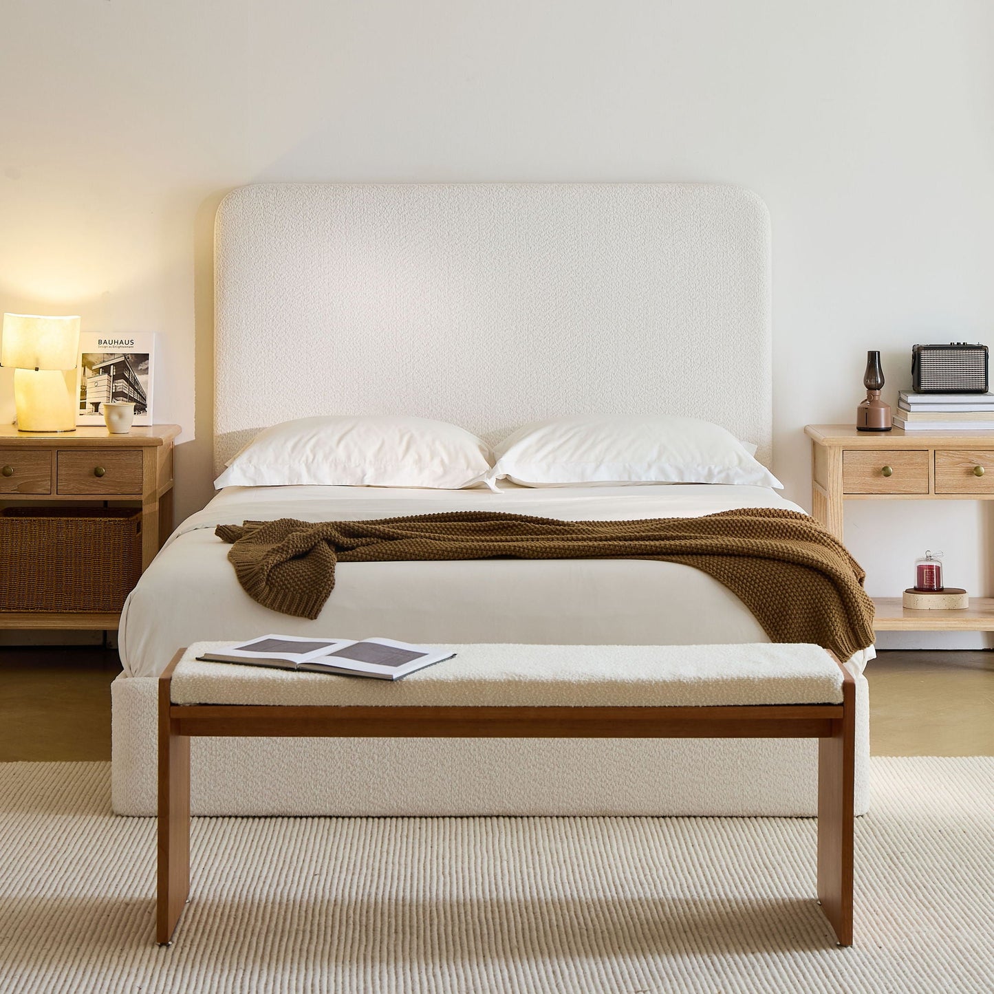 Canter tall headboard upholstered bed in cream textured fabric with wood nightstands on Tampa Home & Garden Store