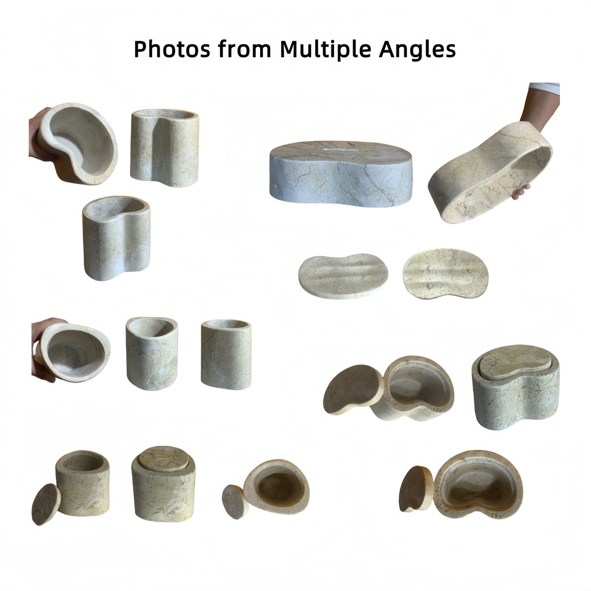 Elegant natural marble bathroom accessories set; cylindrical container and oval tray on Tampa Home & Garden Store