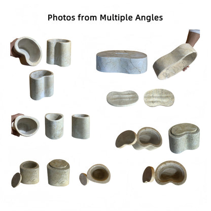 Elegant natural marble bathroom accessories set; cylindrical container and oval tray on Tampa Home & Garden Store