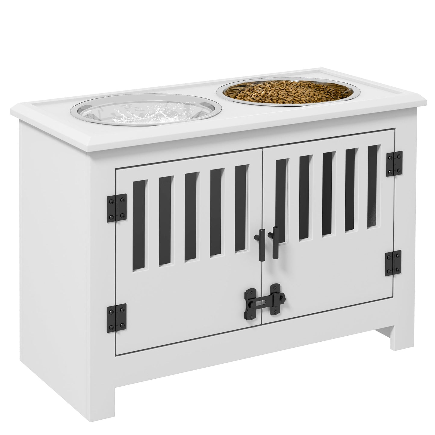 PawHut large elevated dog bowls with storage cabinet; white stand with 2 stainless bowls on Tampa Home & Garden Store