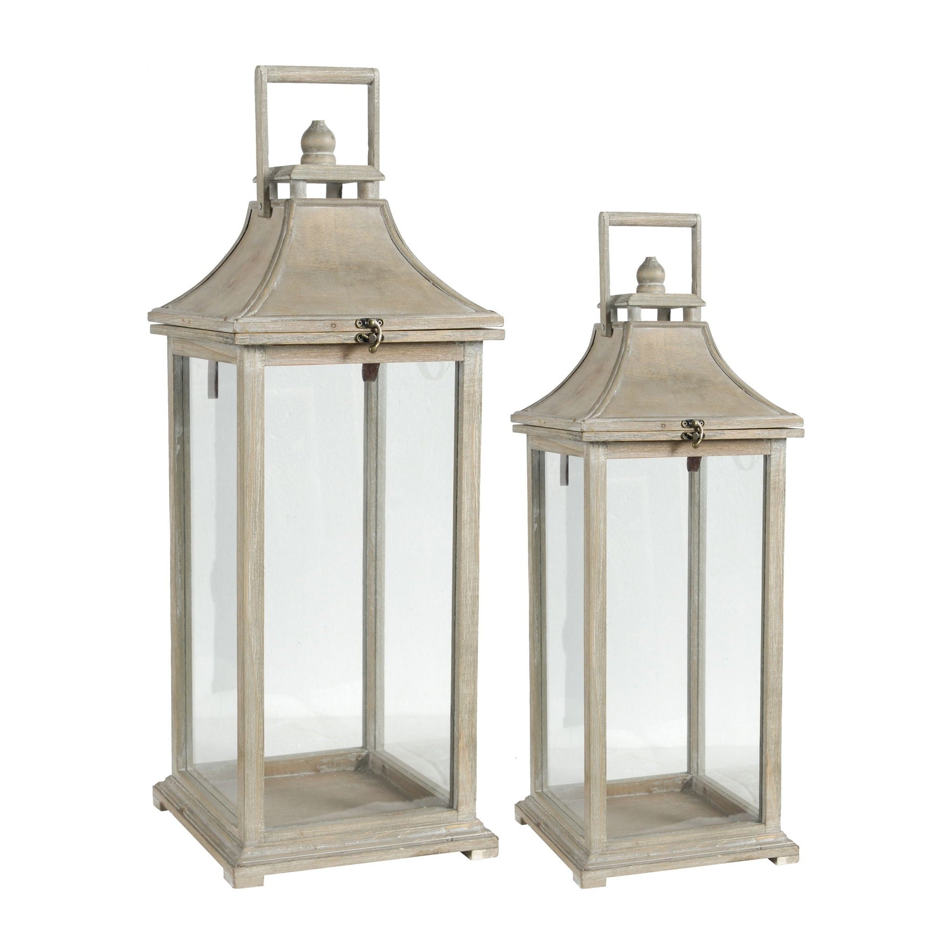 Ivory candle lanterns two-piece set in distressed wood with glass panes on Tampa Home & Garden Store