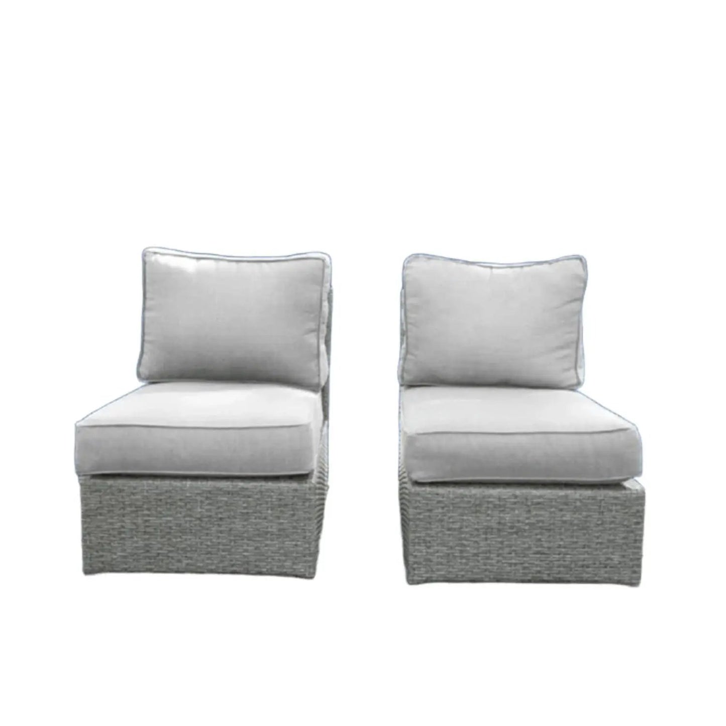 Armless patio chairs with light gray cushions on gray wicker bases set of 2 on Tampa Home & Garden Store