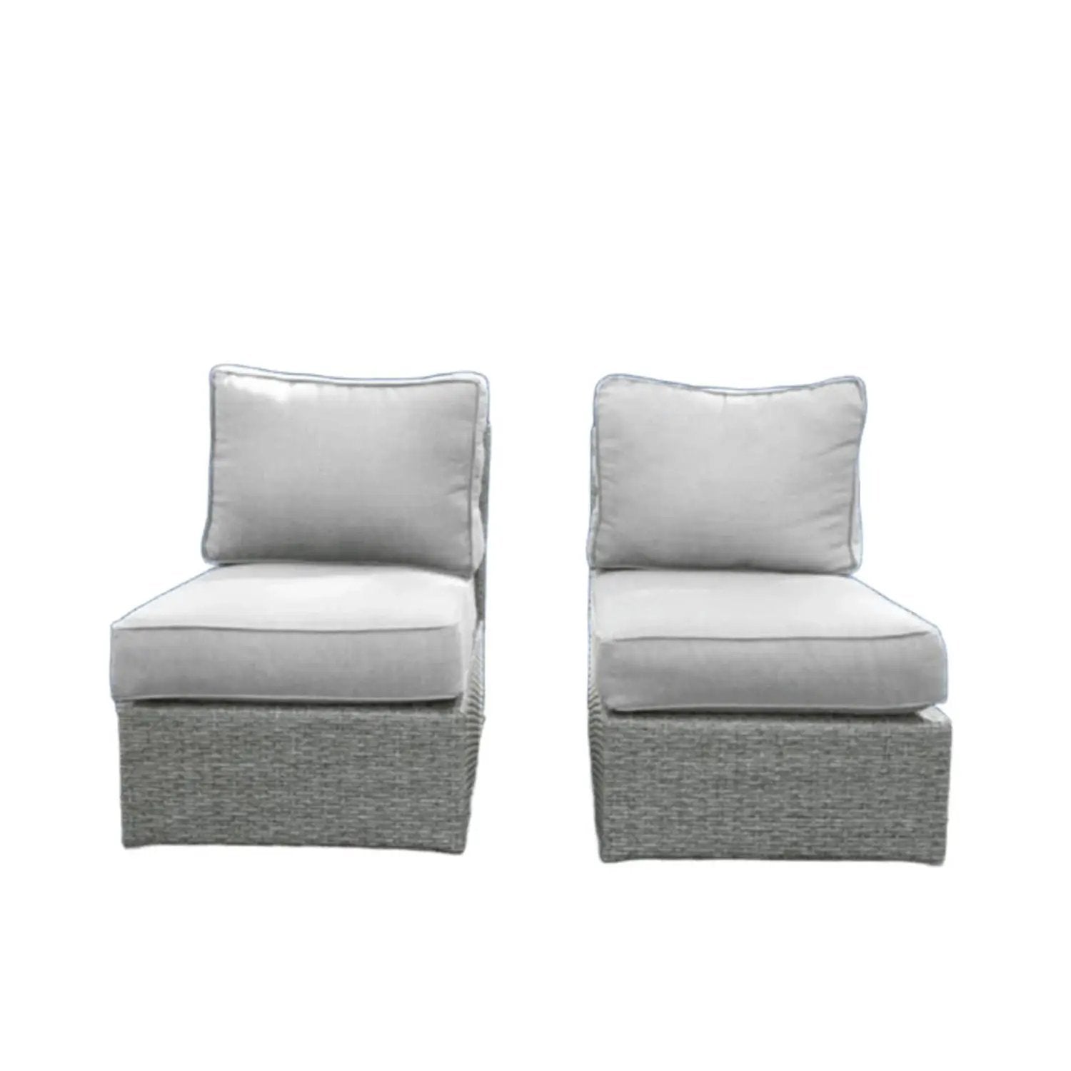 Armless patio chairs with light gray cushions on gray wicker bases set of 2 on Tampa Home & Garden Store