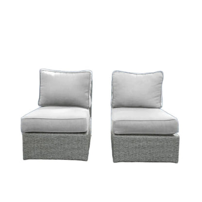 Armless patio chairs with light gray cushions on gray wicker bases set of 2 on Tampa Home & Garden Store