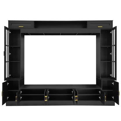 Wall Unit Entertainment Center by HouseOfZazla in black with glass doors and yellow handles on Tampa Home & Garden Store