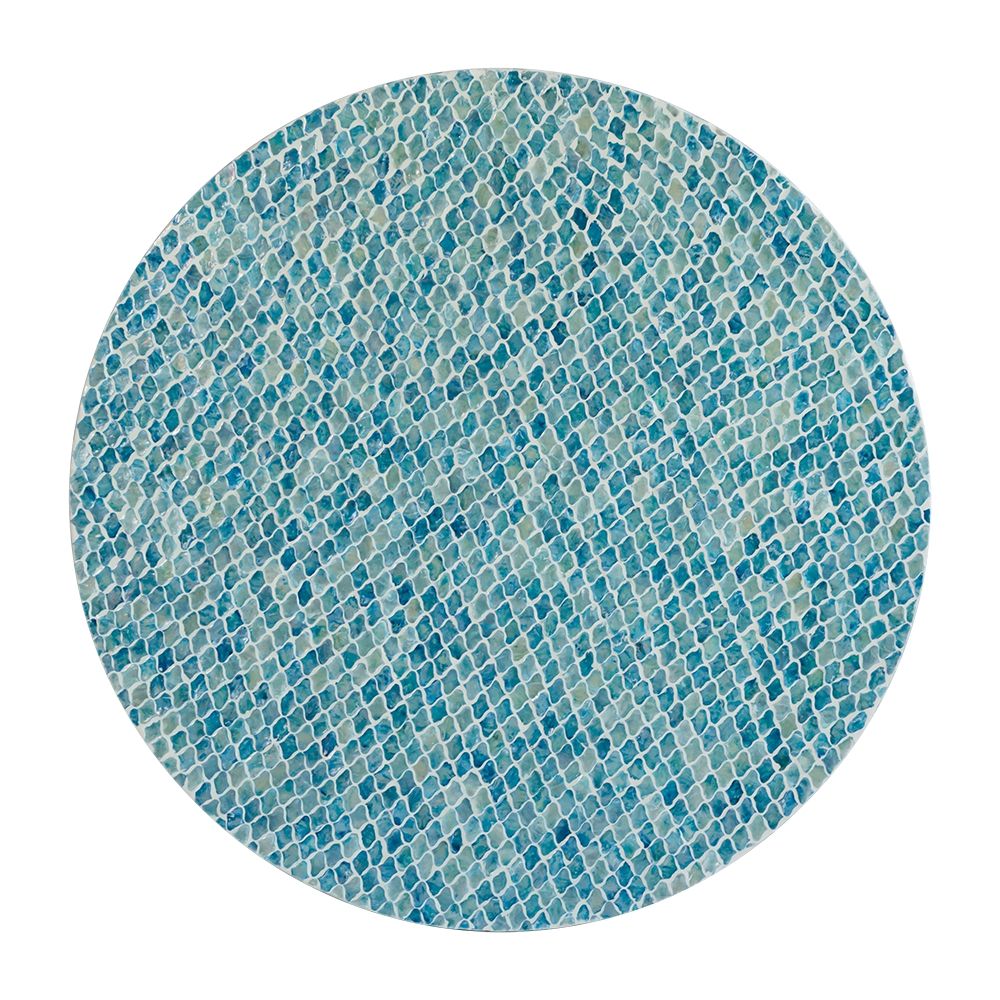 Capiz round coffee table with pedestal base in blue mosaic capiz tiles by HouseOfZazla on Tampa Home & Garden Store