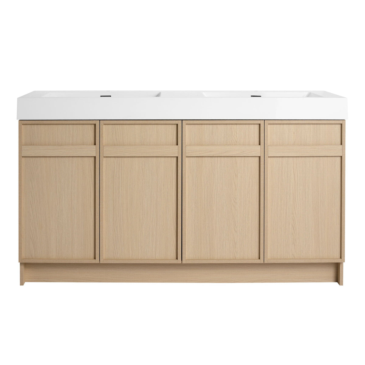 Freestanding vanity with white resin twin sinks atop natural oak cabinet; soft-close doors on Tampa Home & Garden Store