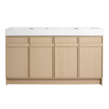 Freestanding vanity with white resin twin sinks atop natural oak cabinet; soft-close doors on Tampa Home & Garden Store