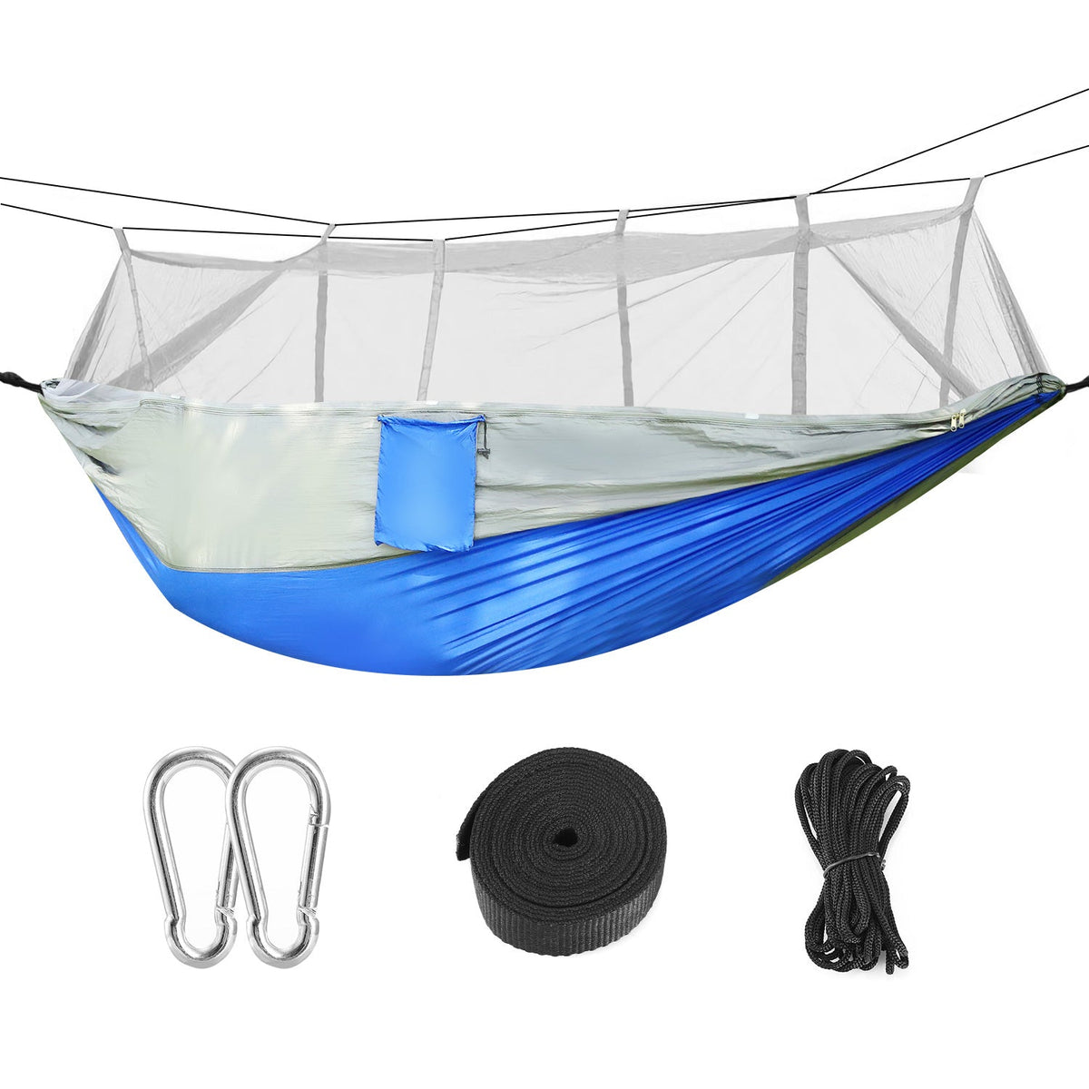 GemGear 2-person camping hammock with mosquito net, blue/gray nylon, includes carabiners and straps on Tampa Home & Garden Store