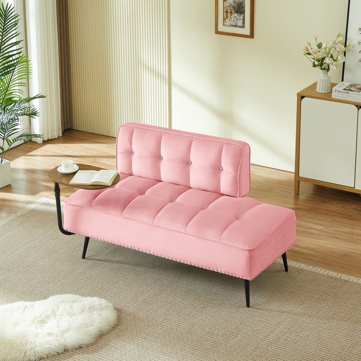 54-Inch Two-Seater Velvet Sofa with Rotating Table in pink velvet, tufted, black legs on Tampa Home & Garden Store