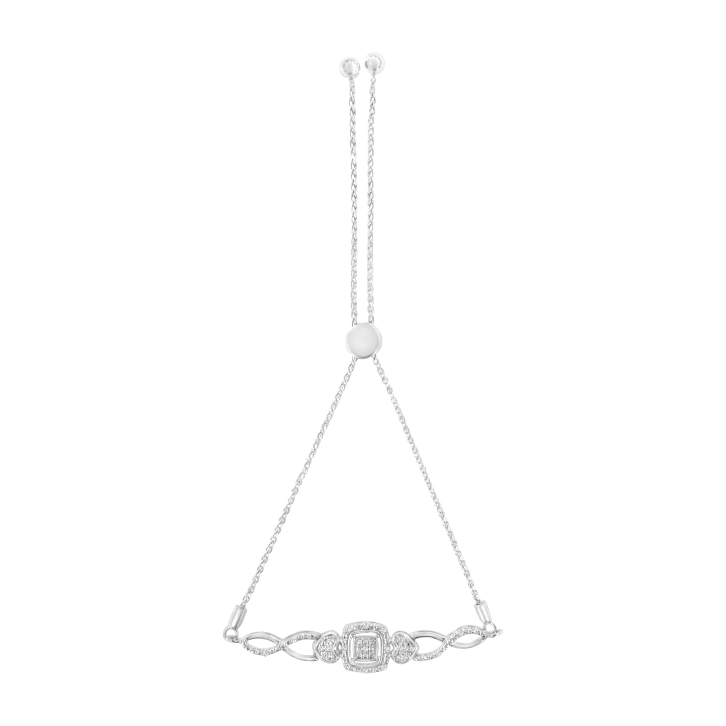 Sterling silver diamond bolo bracelet with cushion-frame centerpiece and ball-end chain on Tampa Home & Garden Store