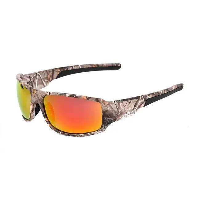 Professional polarized fishing glasses with camo frame and mirrored orange lenses on Tampa Home & Garden Store