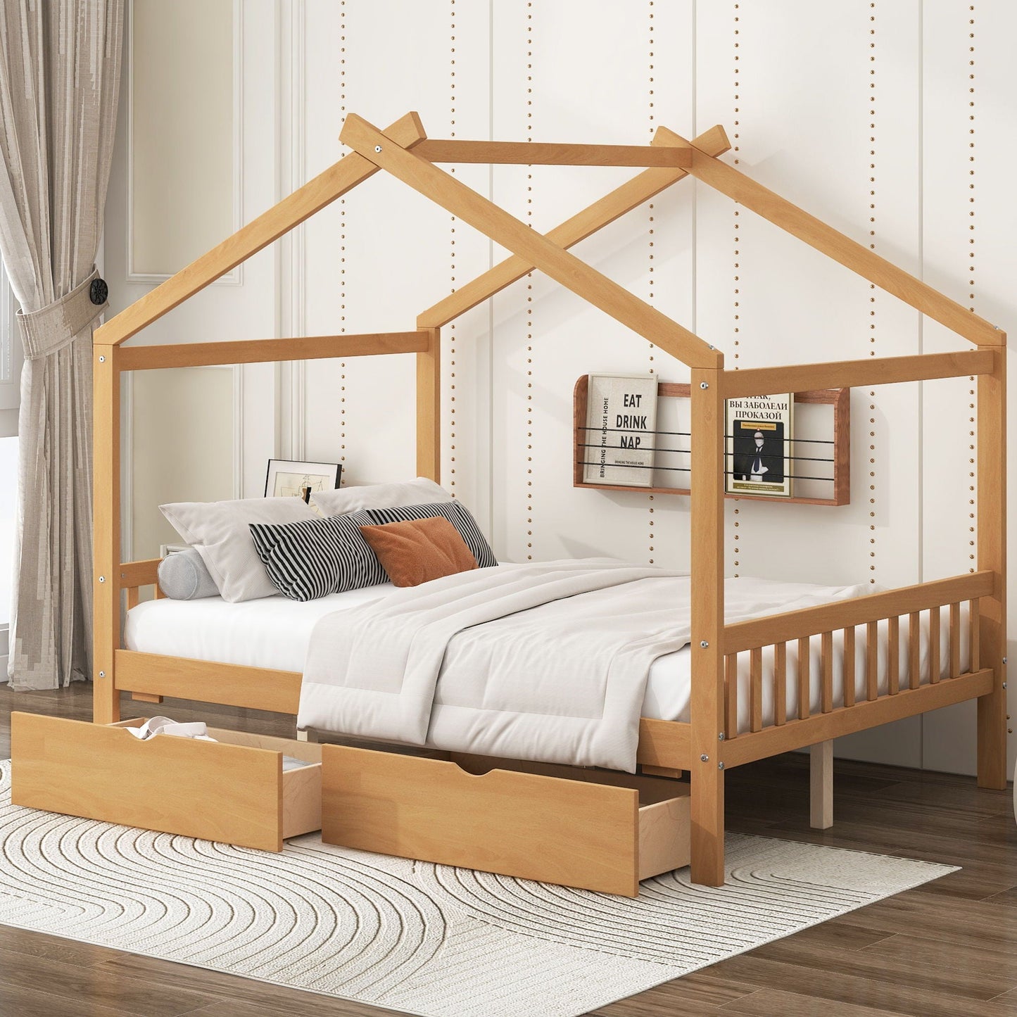 House Style Platform Bed by HouseOfZazla in natural wood with headboard, 2 drawers, roof design on Tampa Home & Garden Store