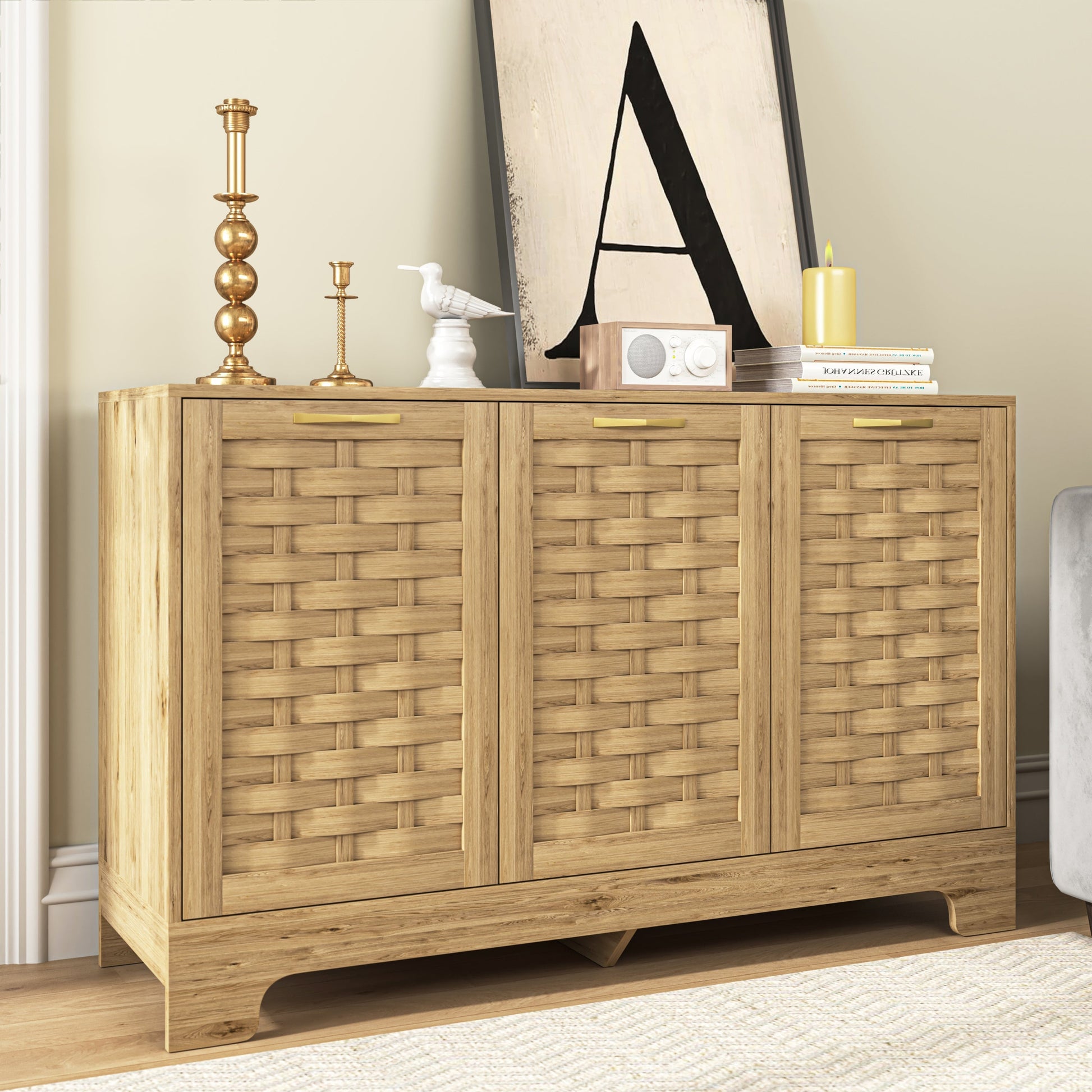 Storage cabinet with 3 doors by HouseOfZazla in natural wood woven panel finish on Tampa Home & Garden Store