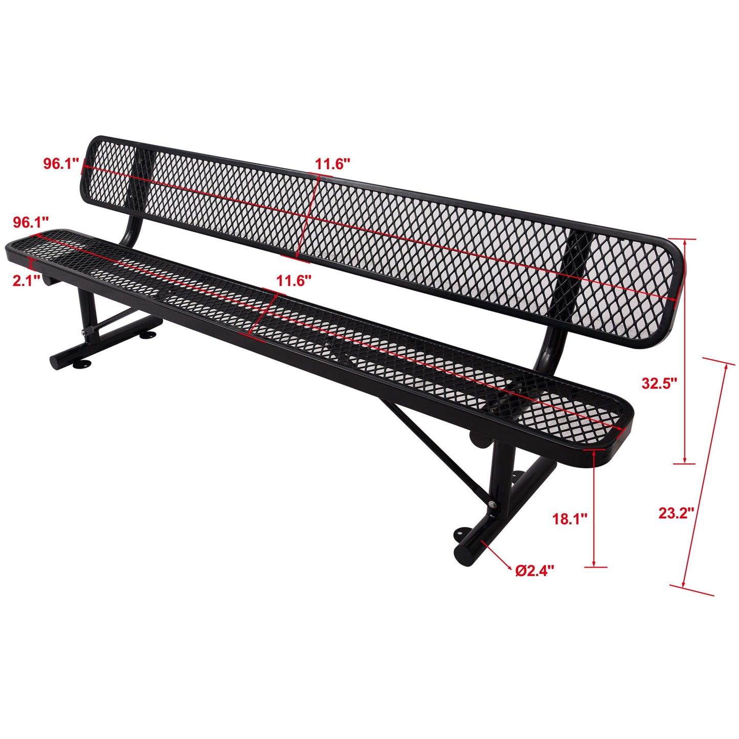6' Outdoor steel bench with backrest, black powder-coated metal mesh seating, HouseOfZazla on Tampa Home & Garden Store