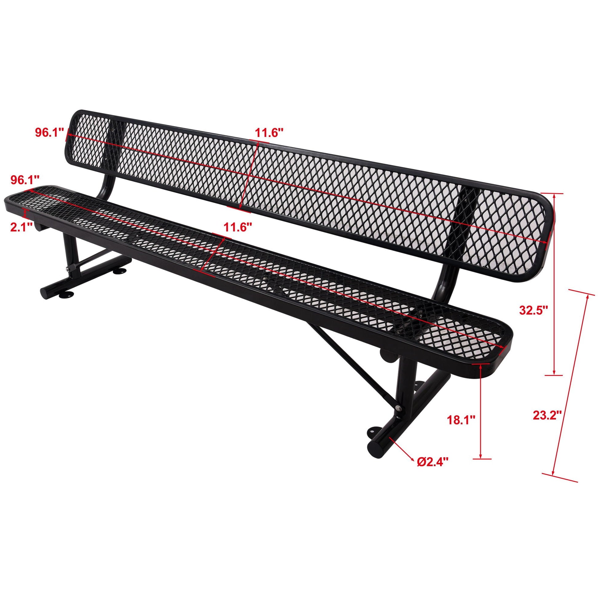 6' Outdoor steel bench with backrest, black powder-coated metal mesh seating, HouseOfZazla on Tampa Home & Garden Store