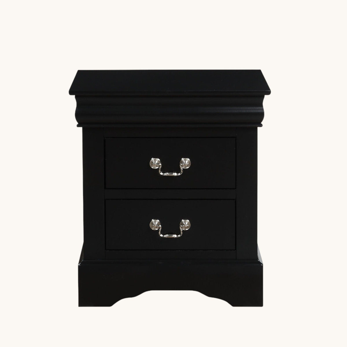 Louis Philippe III Sleek Design Nightstand black with silver curved drawer pulls on Tampa Home & Garden Store