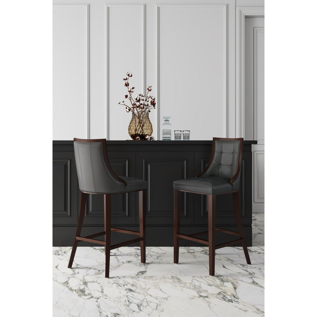 White Bar Height Stool with solid wood frame, gray upholstered seat and tufted back, set of 2 on Tampa Home & Garden Store