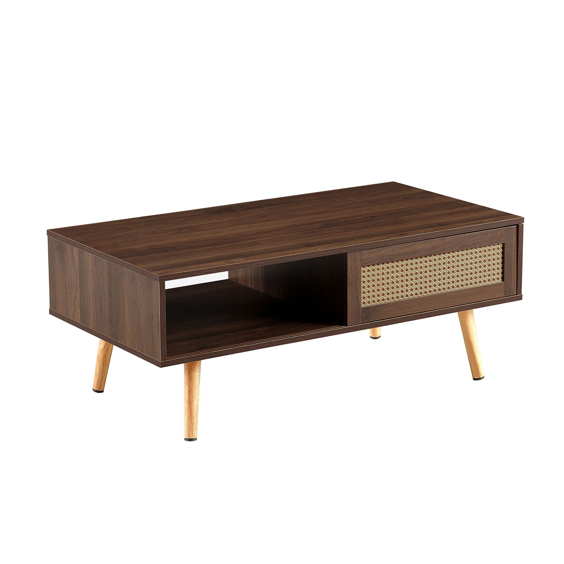 Coffee table with sliding storage, rattan panel and dark wood finish, solid legs on Tampa Home & Garden Store