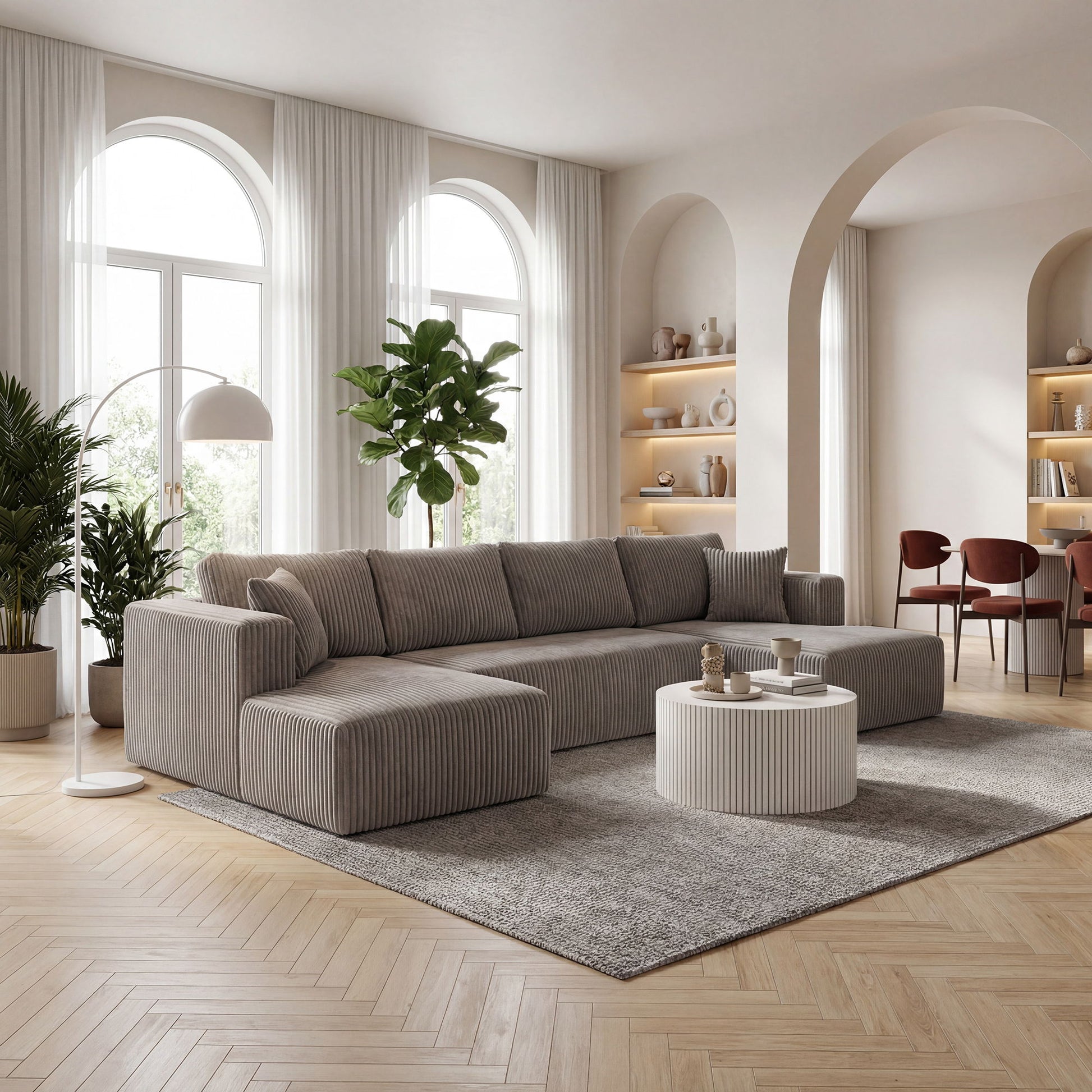 U-Shape stationary sectional sofa by HouseOfZazla in gray ribbed fabric in a modern living room on Tampa Home & Garden Store