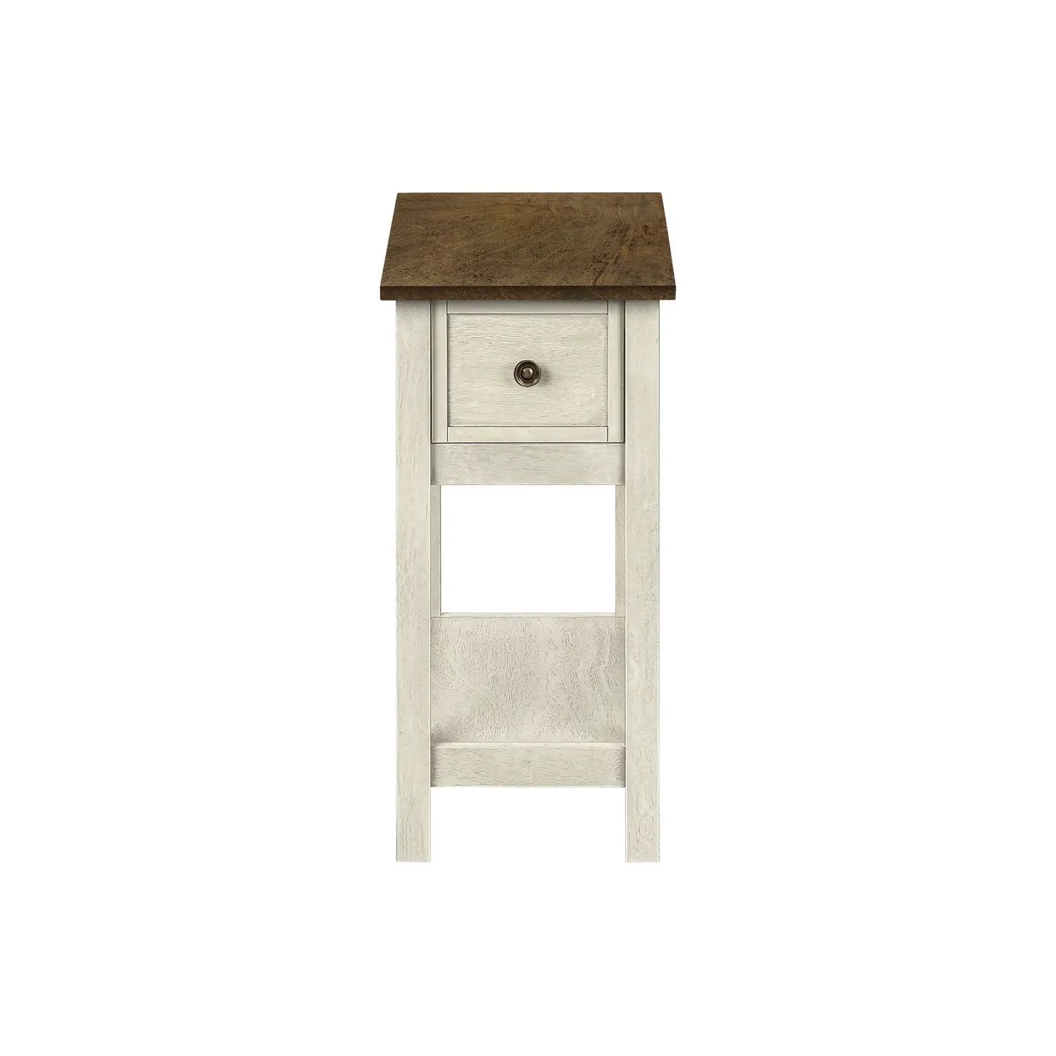 Accent End Table 2-Tier narrow with brown top and white distressed frame, small storage drawer on Tampa Home & Garden Store