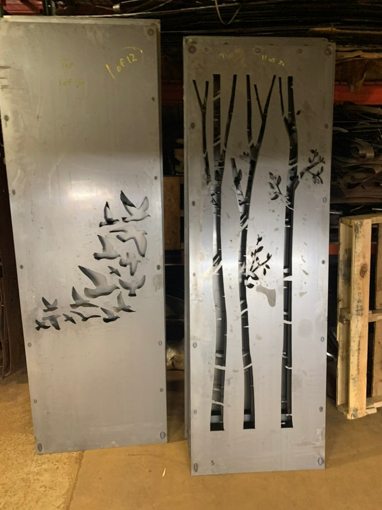 Metal privacy fence screen panels in silver steel with tree and bird cutouts, 2 panels on Tampa Home & Garden Store