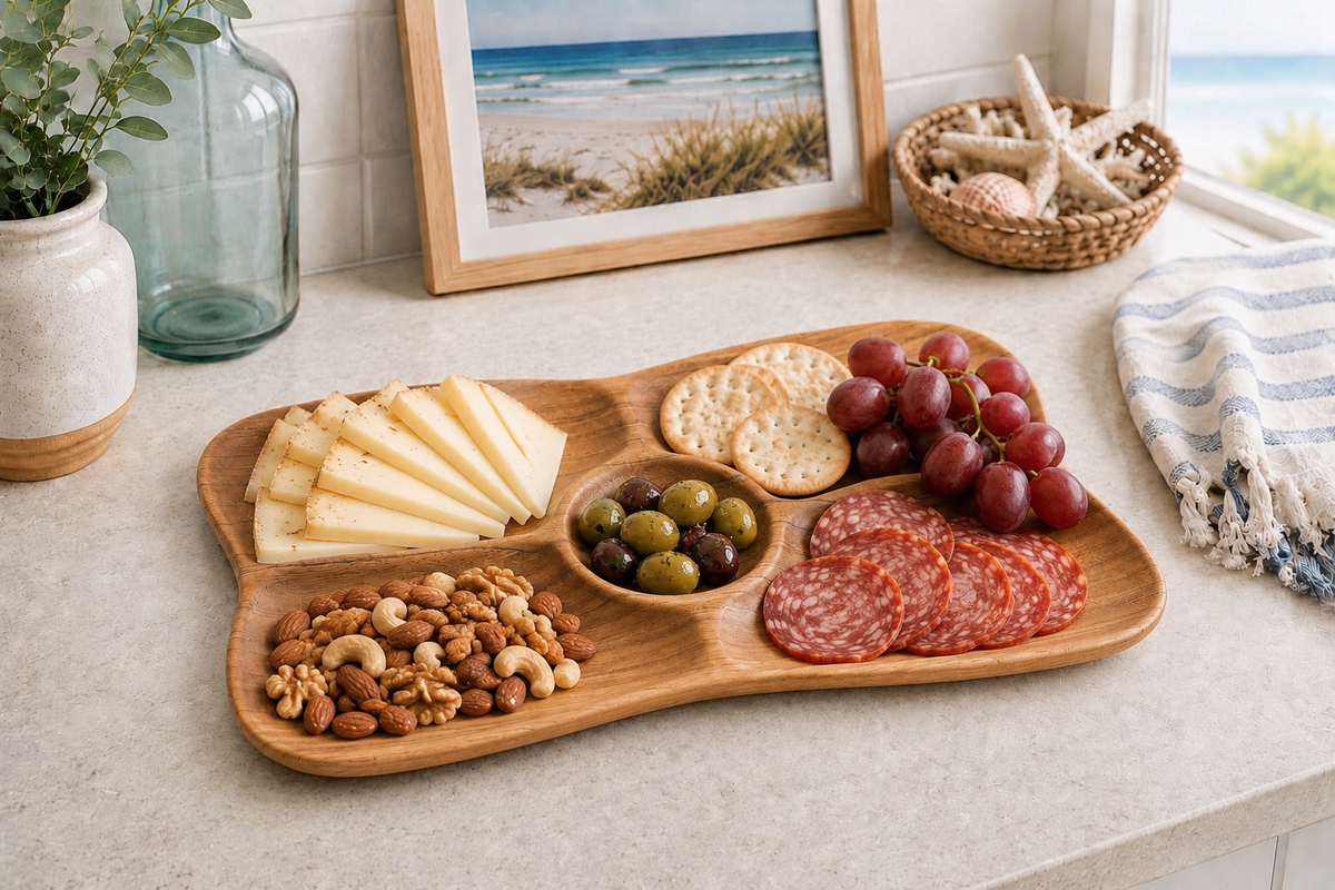 Teak Serving Tray with natural wood finish and divided compartments for cheeses and olives on Tampa Home & Garden Store