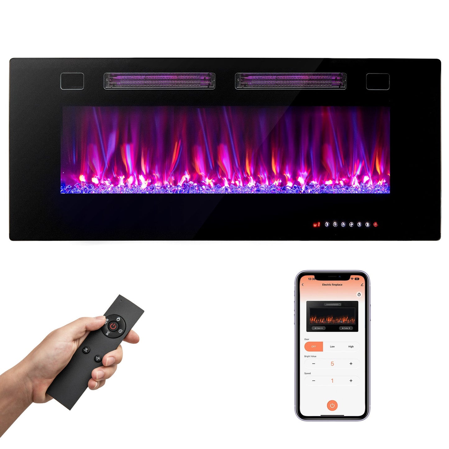 Chimenea eléctrica ultrafina de 42 pulgadas con cristales decorativos y control inteligente por aplicación-42 pulgadas