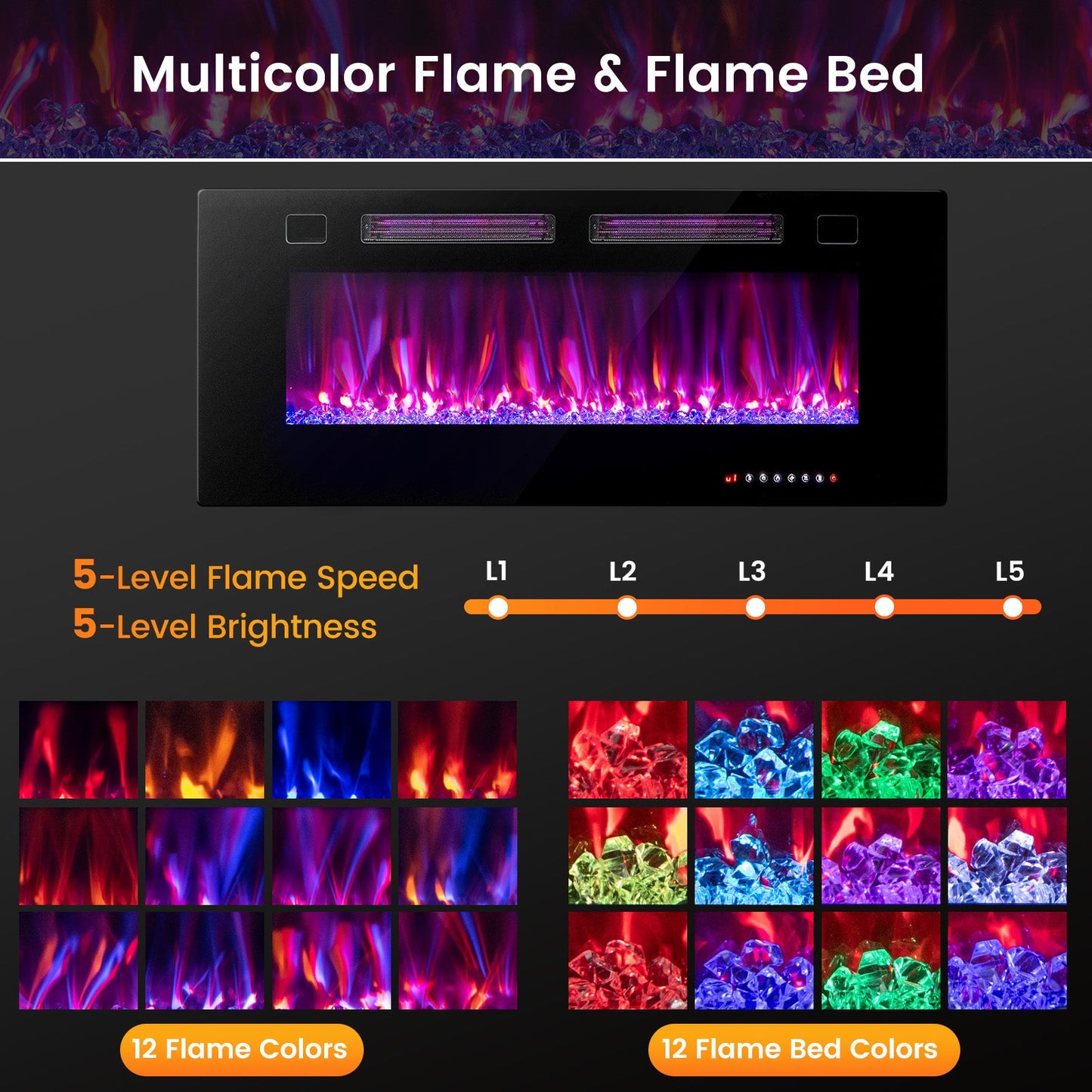 Chimenea eléctrica ultrafina de 42 pulgadas con cristales decorativos y control inteligente por aplicación-42 pulgadas